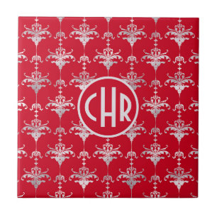 Elegantes Rot-Weiß-Damask-Monogramm Fliese