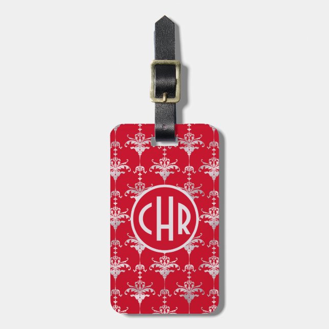Elegantes Rot-Weiß-Damask-Monogramm Gepäckanhänger (Vorderseite vertikal)