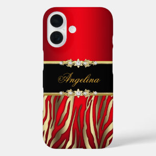 Elegantes Rot-Zebra-Schwarz-Gold iPhone 16 Hülle