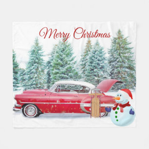 Elegantes, rotes Auto, Schneemann, Weihnachten Fleecedecke