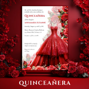 Elegantes rotes Ballkleid Rote Rosen Quinceanera Einladung