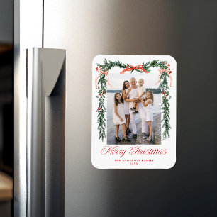 Elegantes rotes Band Grünzeug Weihnachtsfoto Magnet