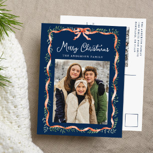 Elegantes rotes Band und Grünzeug Navy 2 Foto Feiertagspostkarte