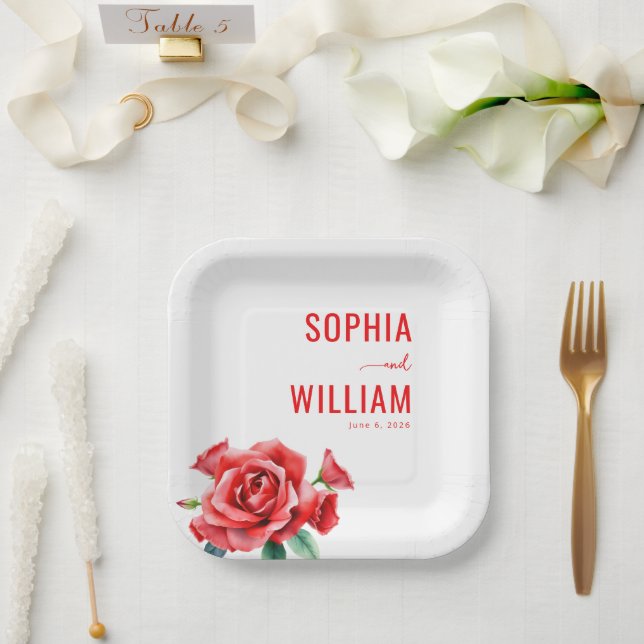 Elegantes rotes Blumenmuster Pappteller (Hochzeit)