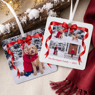 Elegantes rotes Bogen-Foto-Collage-Familien-Weihna Ornament Aus Metall