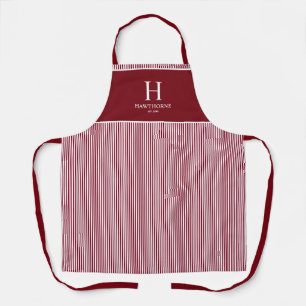 Elegantes rotes Burgund-Streifen-Monogramm Name Schürze