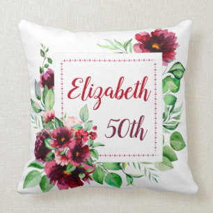 Elegantes rotes burgunderrotes Blumen-50-Geburtsta Kissen
