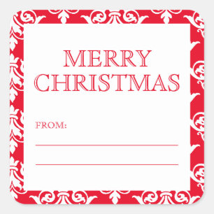 Elegantes rotes Damast-Weihnachtsgeschenk-Tag Quadratischer Aufkleber