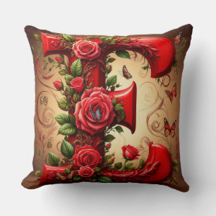 Elegantes rotes E mit Rosen und Schmetterling Kissen