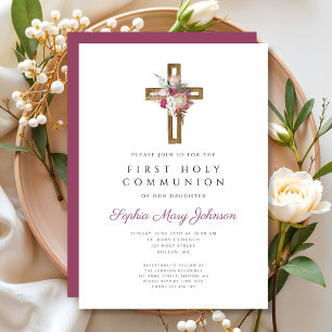 Elegantes rotes florales Boho-Kreuz Erste Kommunio Einladung
