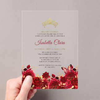Elegantes rotes florales goldenes Quinceanera-Einl Acryleinladungen