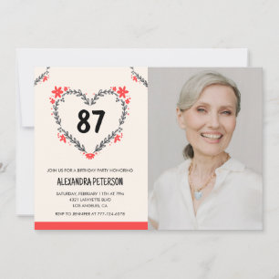 Elegantes rotes florales Herz zum 87. Geburtstag Einladung