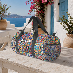 Elegantes rotes gelbes Talavera-Monogramm-Fliesenm Duffle Bag