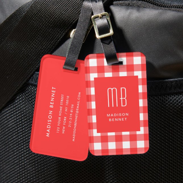 Elegantes rotes Gingham-Monogramm Gepäckanhänger (Elegant Red Gingham Monogram Luggage Tag)