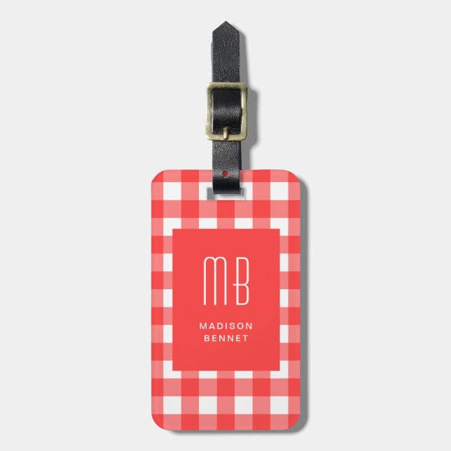 Elegantes rotes Gingham-Monogramm Gepäckanhänger (Vorderseite vertikal)