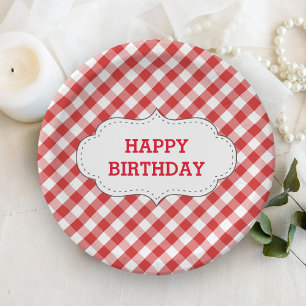 Elegantes rotes Gingham-Muster personalisierter Ge Pappteller