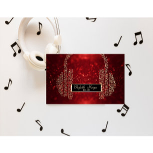Elegantes rotes Glitter-Bokeh, Musiknoten Kopfhöre Visitenkarte
