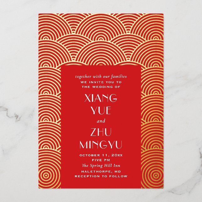 Elegantes rotes Gold asiatische Hochzeit. Chinesis Folieneinladung (Vorderseite)