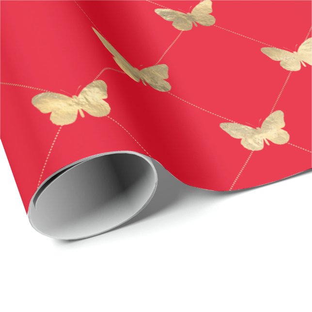 Elegantes rotes Gold-Schmetterlingsmuster-Papier Geschenkpapier (Rolleneckpunkt)