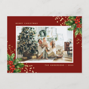 Elegantes Rotes Gold Watercolor Holly Foto Feiertagspostkarte