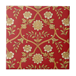 Elegantes rotes goldenes Blumenlattice (1) Fliese
