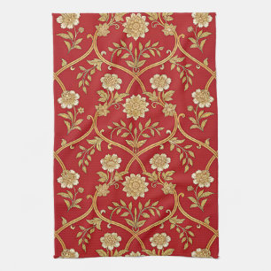 Elegantes rotes goldenes Blumenlattice Geschirrtuch