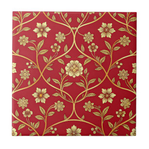 Elegantes rotes goldenes Blumenraster (2) Fliese