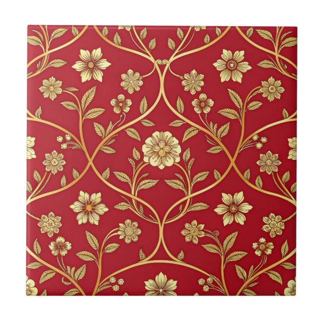 Elegantes rotes goldenes Blumenraster (2) Fliese (Vorderseite)
