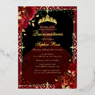 Elegantes rotes goldenes Rosenkleid Quinceanera Folieneinladung
