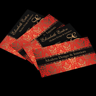 Elegantes rotes, goldenes und schwarzes Damast-Fan Visitenkarte