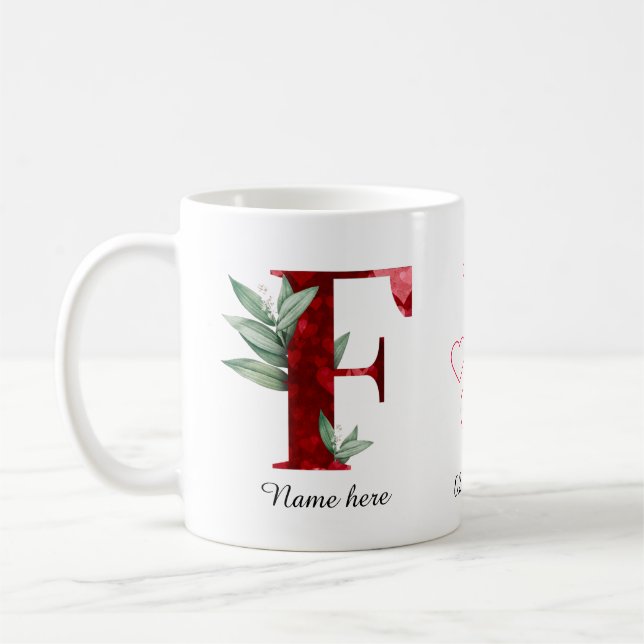 Elegantes rotes Herz Blumen-Letter F Anfangsbuchst Kaffeetasse (Links)