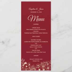Elegantes rotes Hochzeitsmenü mit Blumen Menükarte