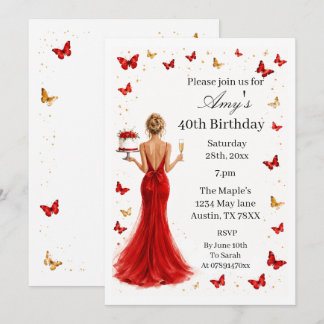 Elegantes rotes Kleid 40. Geburtstag Einladung