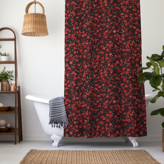 Elegantes rotes Konfetti auf schwarzem Glitter-Sty Duschvorhang (Von Creator hochgeladen)