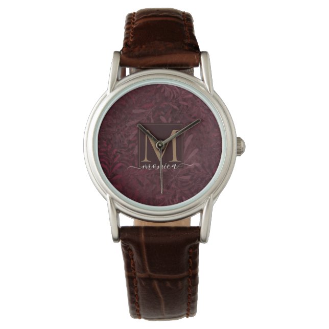 Elegantes rotes Mongram-Muster aus Burgundy Armbanduhr (Vorderseite)