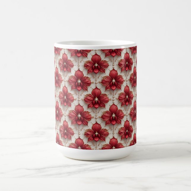 Elegantes rotes Orchideenmuster mit Perlen Kaffeetasse (Mittel)