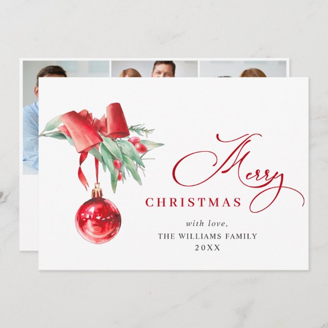 Elegantes Rotes Ornament Weihnachten Gruß 3 FOTO (Vorne/Hinten)