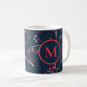 Elegantes rotes Pastellgraubeermuster auf Monogram Kaffeetasse