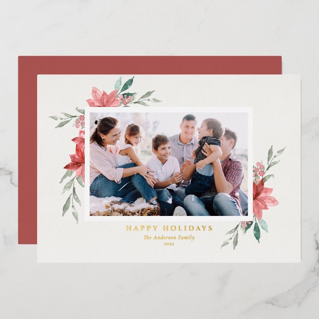 Elegantes Rotes Poinsettias Foto Folien Feiertagskarte (Vorderseite/Rückseite)