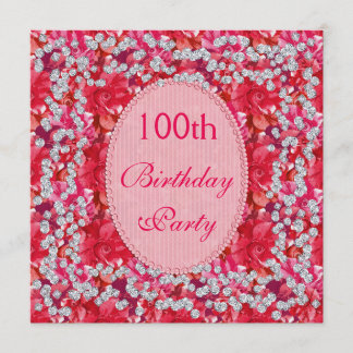 Elegantes Rotes/Rosa mit Blumen u. Diamant-100. Einladung