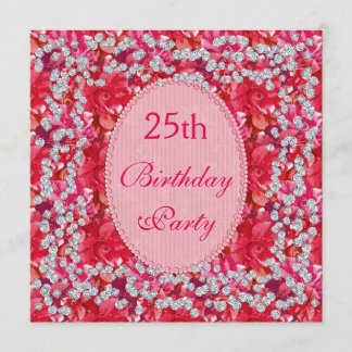 Elegantes Rotes/Rosa mit Blumen u. Diamant-25. Einladung