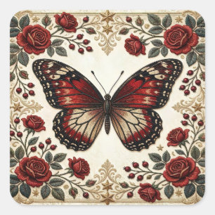 Elegantes rotes Schmetterlingsrosen-Vintage-Muster Quadratischer Aufkleber