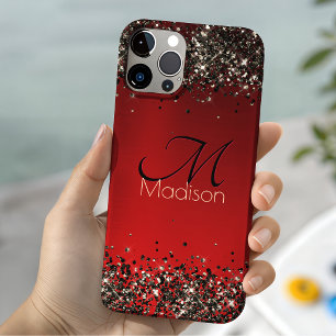 Elegantes rotes schwarzes goldenes Glitter-Monogra Case-Mate iPhone Hülle