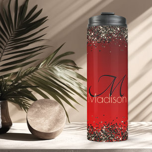 Elegantes rotes schwarzes goldenes Glitter-Monogra Thermosbecher