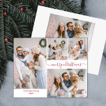 Elegantes Rotes Skript 5 Foto Collage Weihnachtska Feiertagskarte<br><div class="desc">Minimalistische Elegante Calligrafie Red Script 5 Foto Collage "Frohe Weihnachten" Script Holiday Card in rot und weiß. Diese festliche, einfache, skurrile 5 (5) Foto Urlaubskarte Vorlage verfügt über eine hübsche Gitter Foto Collage und sagt "Frohe Weihnachten"! Der "Frohe Weihnachten" Grußtext, geschrieben in einer schönen Hand Wirblen Swash-Schwanz Schriftart Typ. Auf...</div>