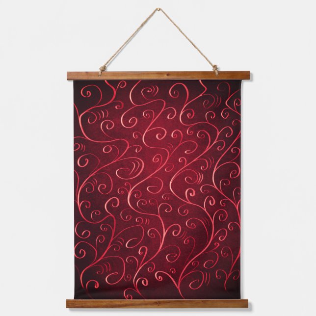 Elegantes, rotes Swirl-Muster Wandteppich Mit Holzrahmen (Vorderseite)