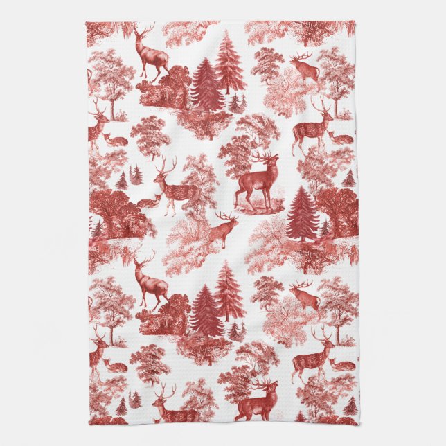 Elegantes Rotes Toile Deer in Woodland Geschirrtuch (Vertikal)