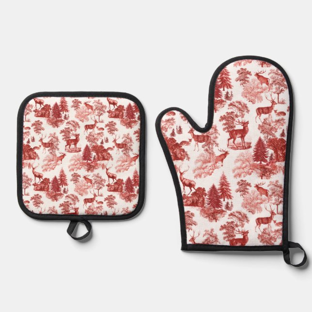 Elegantes Rotes Toile Deer in Woodland Ofenhandschuh & Topflappen-Set (Vorderseite)
