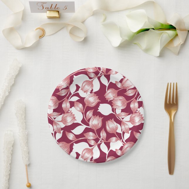 Elegantes rotes Tulip-Silhouette Blumenmuster II Pappteller (Hochzeit)
