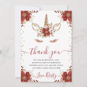 Elegantes rotes und goldenes florales Einhorn Gebu Dankeskarte